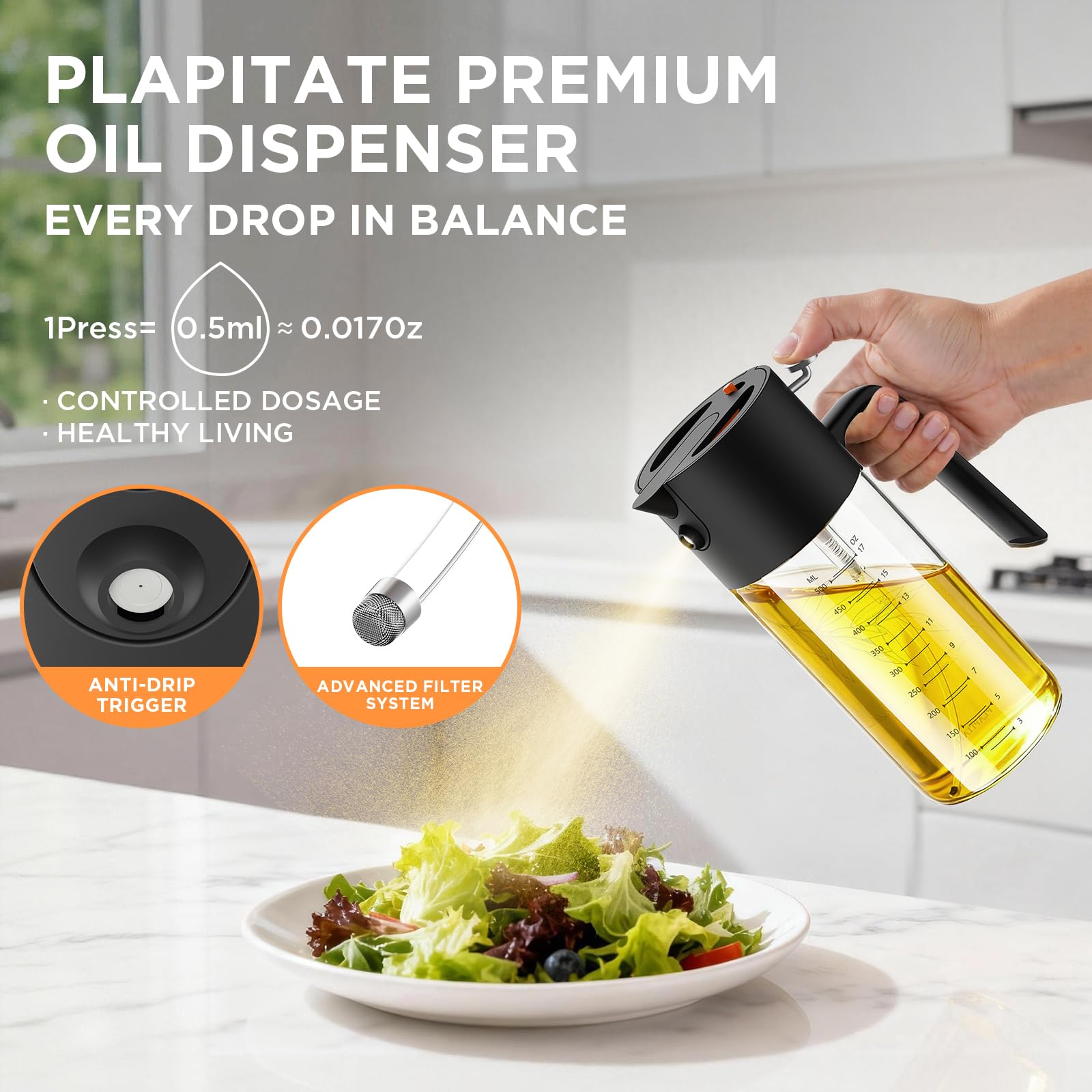 PLAPITATE olive oil dispenser pour shows steady flow for controlled cooking.