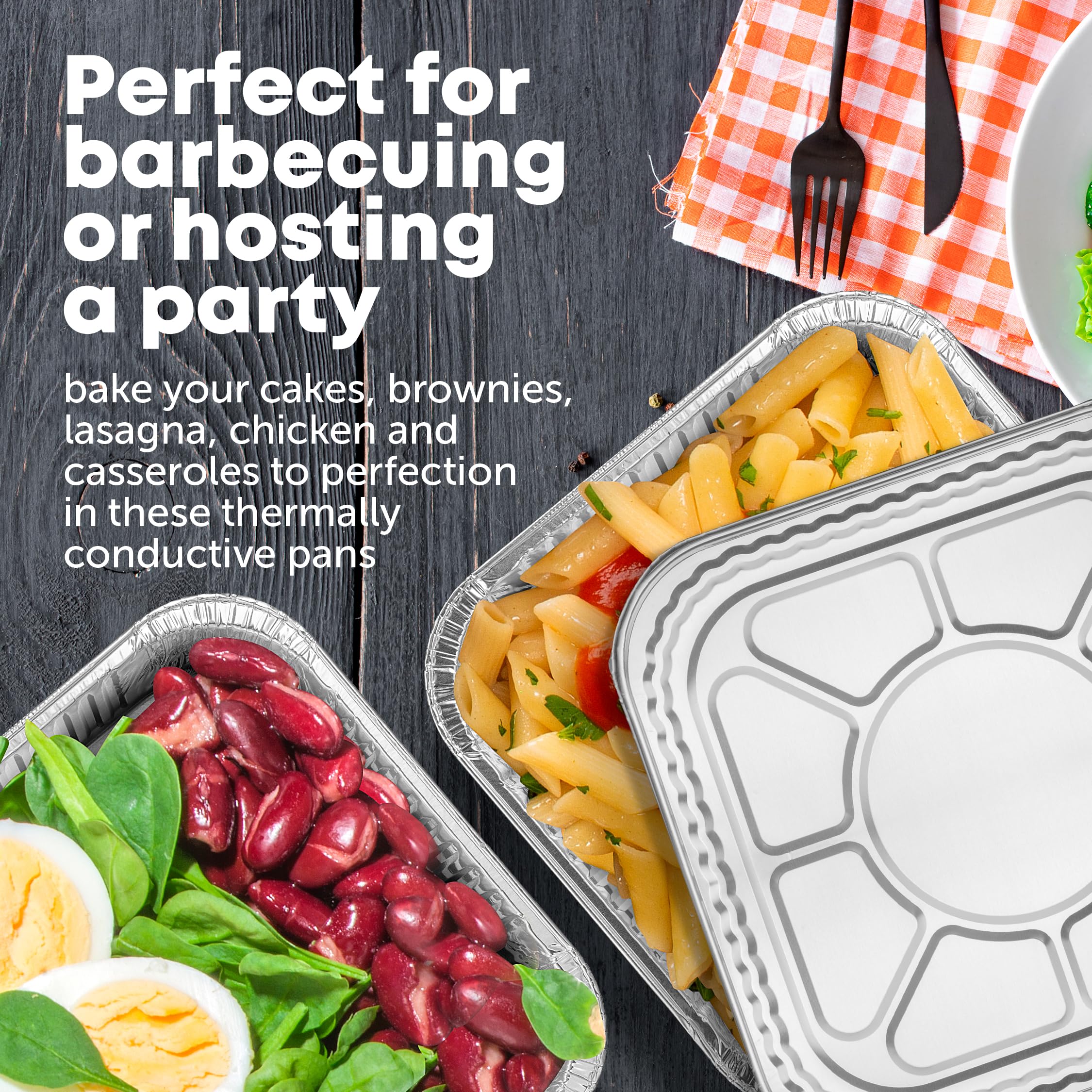 Plastible foil pans ready for baking and roasting in minutes.