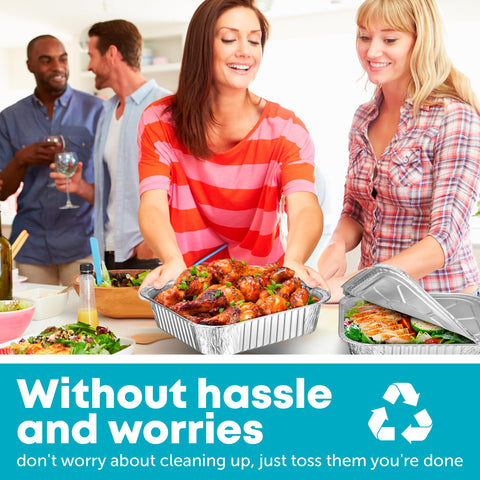 Plastible stackable foil containers save space and minimize cleanup.