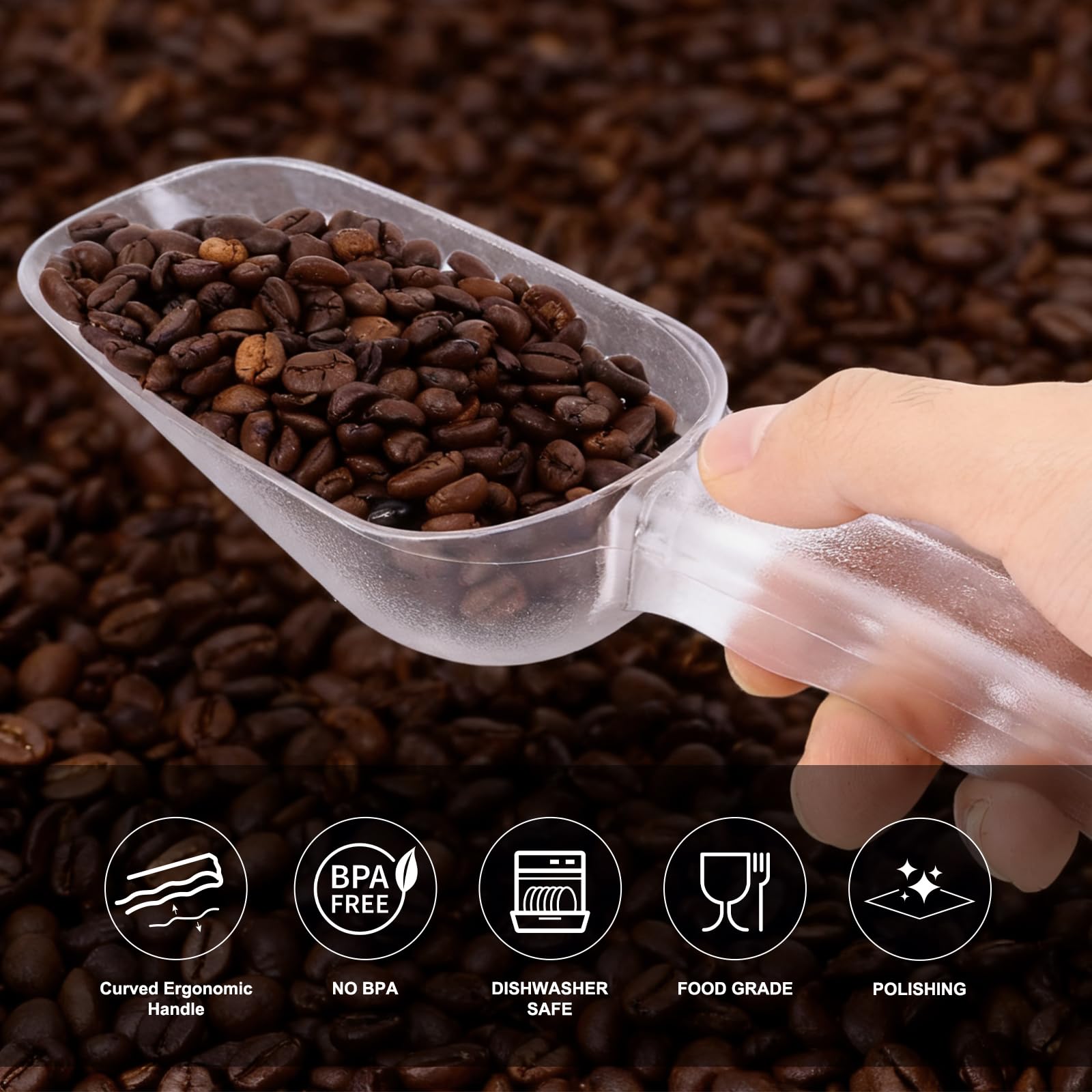 Plastic ice scoop with clear design to see contents while scooping.