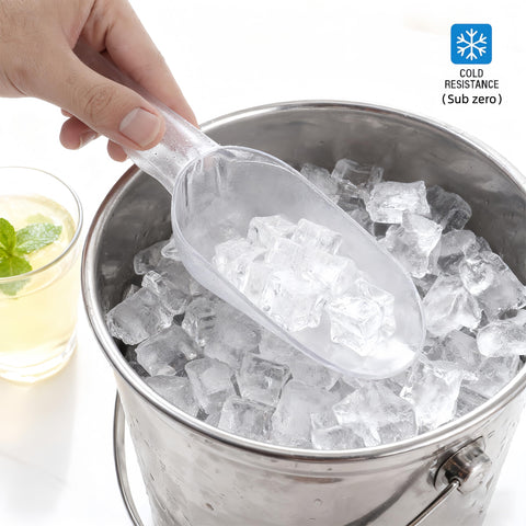 Dishwasher-safe plastic ice scoop for easy cleaning after use.