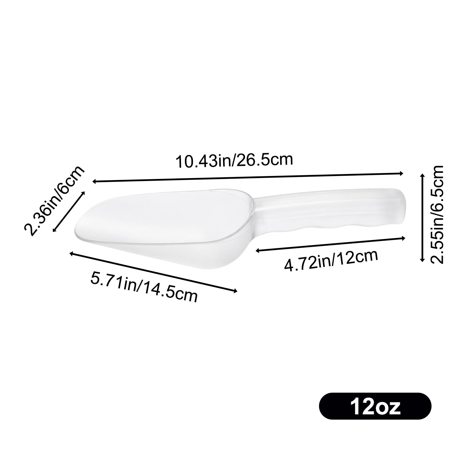Plastic ice scoop with clear design for quick content visibility.