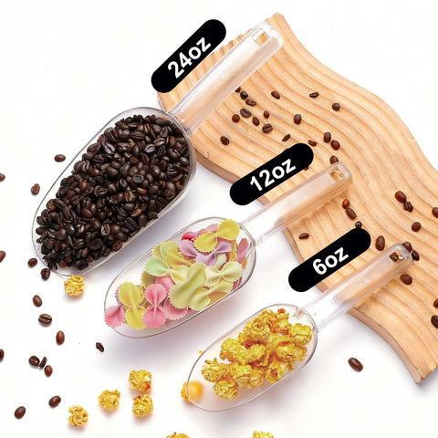 Plastic ice scoop highlighting coffee beans use case with ergonomic grip.