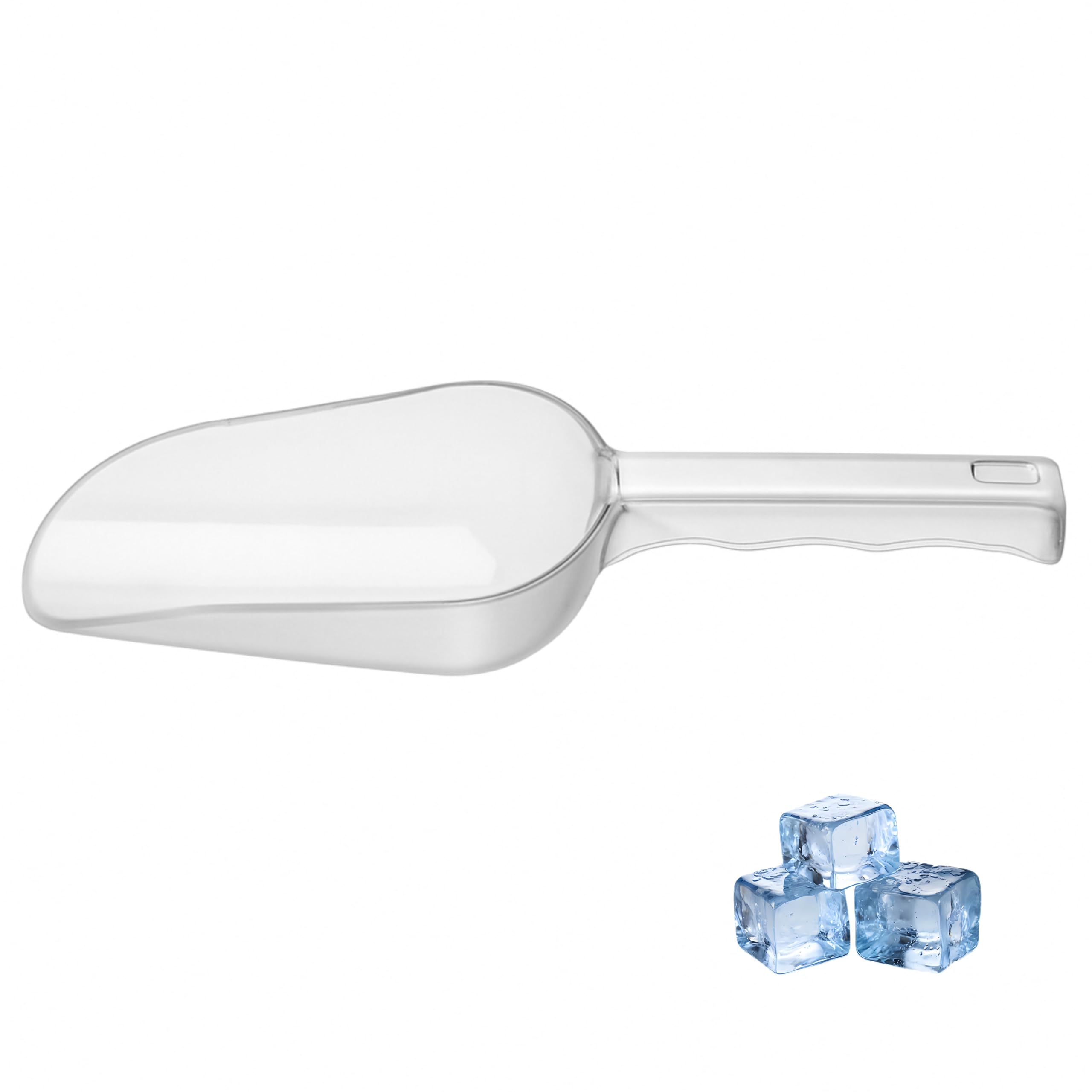 Plastic ice scoop with ergonomic handle for effortless scooping from freezer bins.