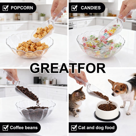 Versatile plastic ice scoop for ice, coffee beans, and popcorn.