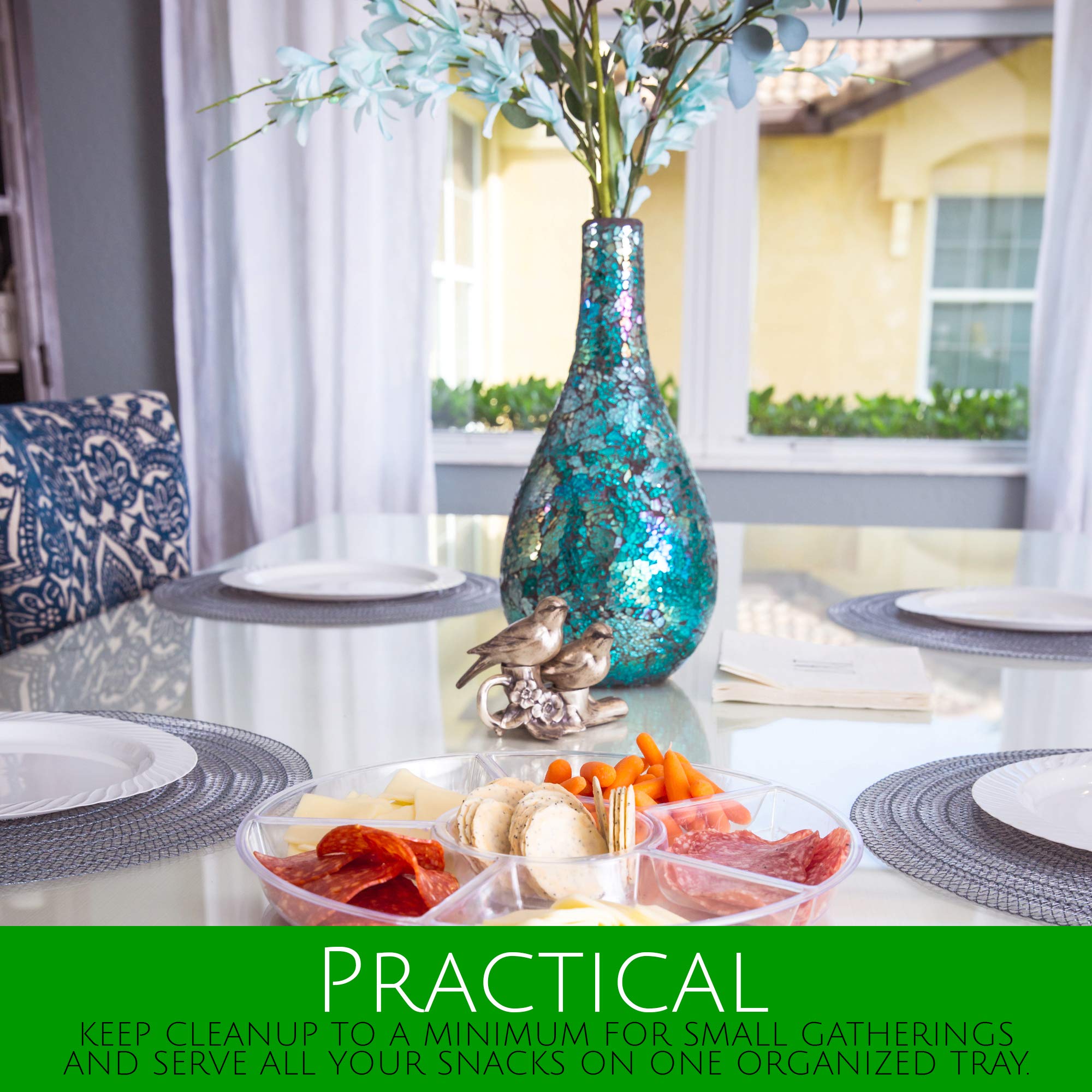 Plasticpro 12 inch round tray with six sections keeps snacks organized during gatherings.