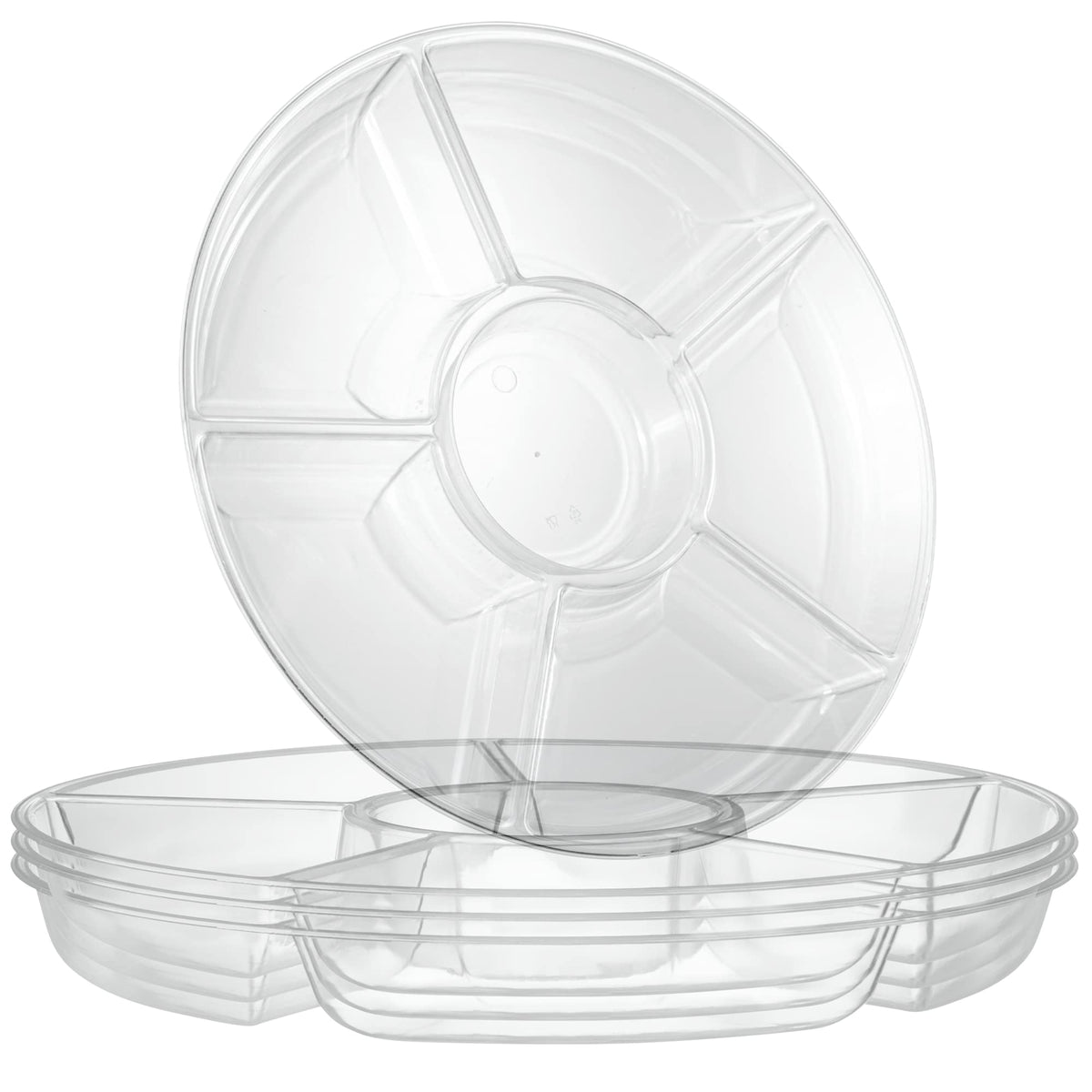 Plasticpro 6-sectional round platter clear ideal for organizing chips and dips.