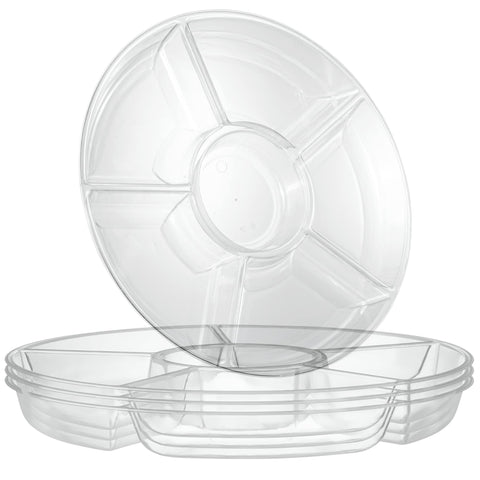 Plasticpro 6-sectional round platter clear ideal for organizing chips and dips.
