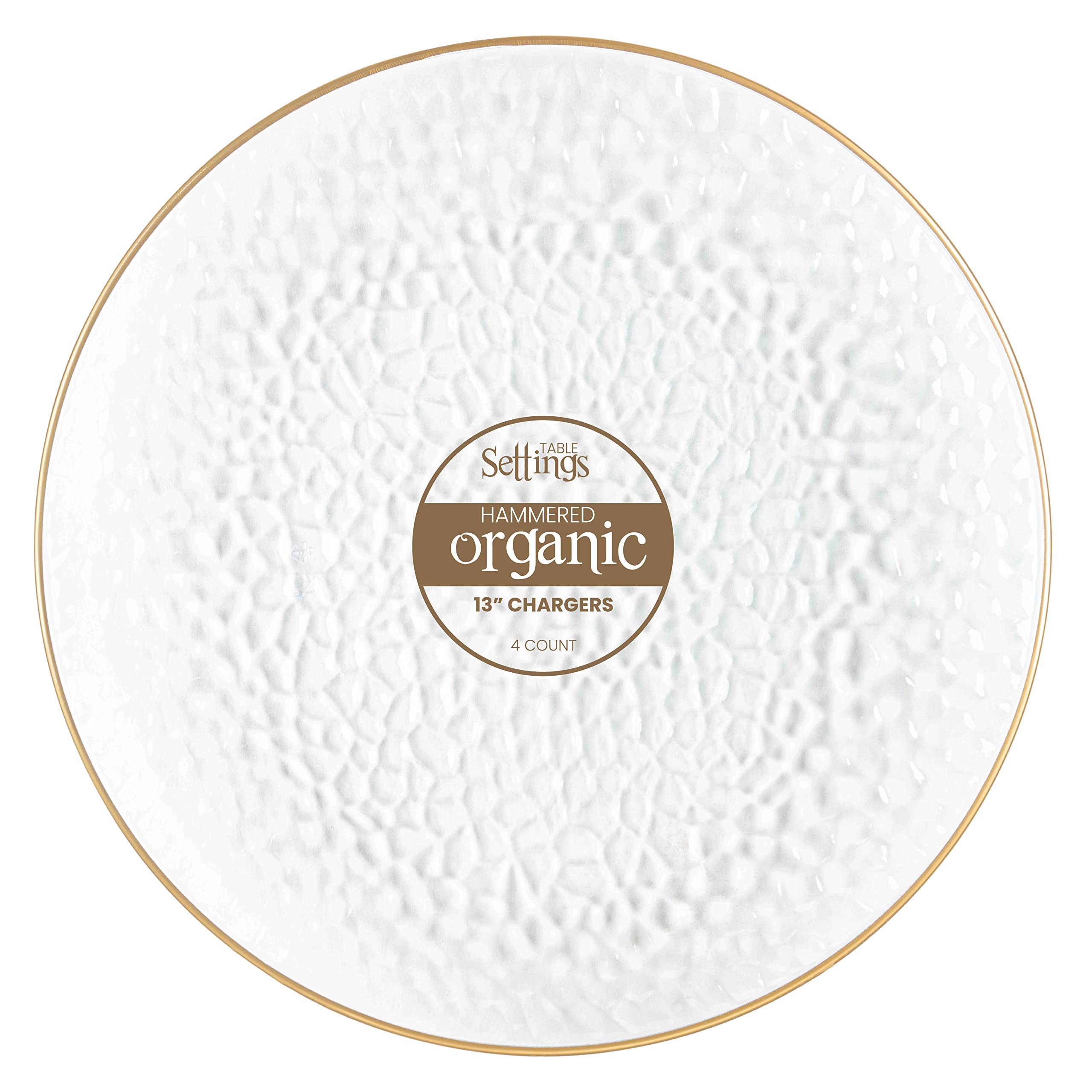 PlasticPRO clear hammered charger with gold rim, ideal for elegant wedding table settings.