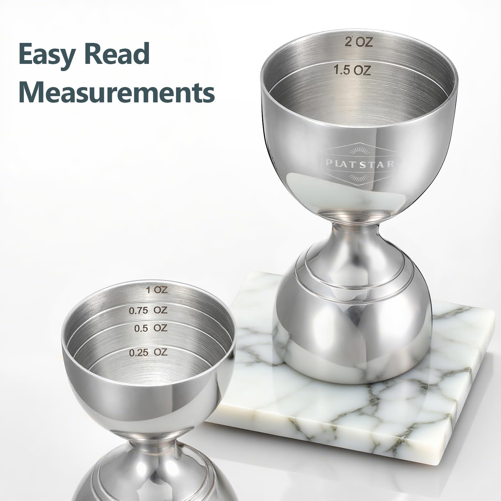 Plat Star double-sided jigger supports Negroni, Margarita, martini pours with control.