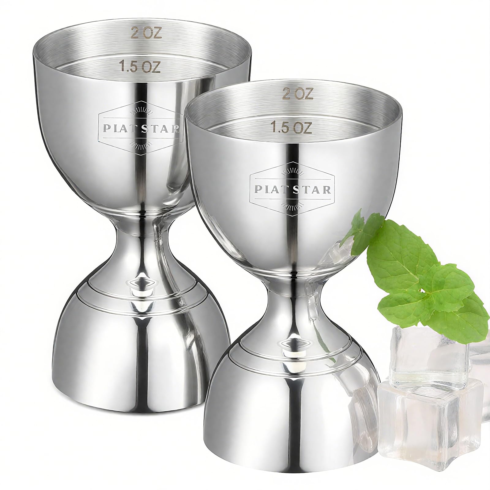 Plat Star jigger dual-sided 1oz and 2oz pour for precise cocktail measurements.