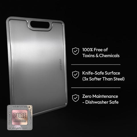 Close-up of Plateful titanium surface resisting stains for easy cleanup.