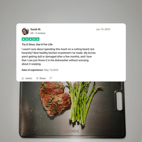 Sleek Plateful titanium cutting board adds durable style to modern kitchens.