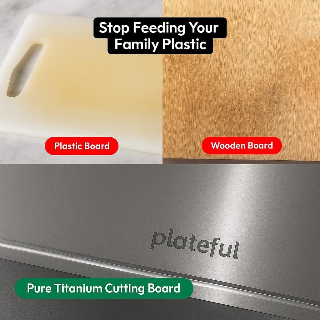 Plateful titanium cutting board preserves knife edges during precise slicing.