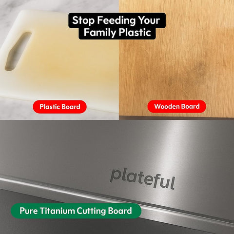 Plateful titanium cutting board preserves knife edges during precise slicing.