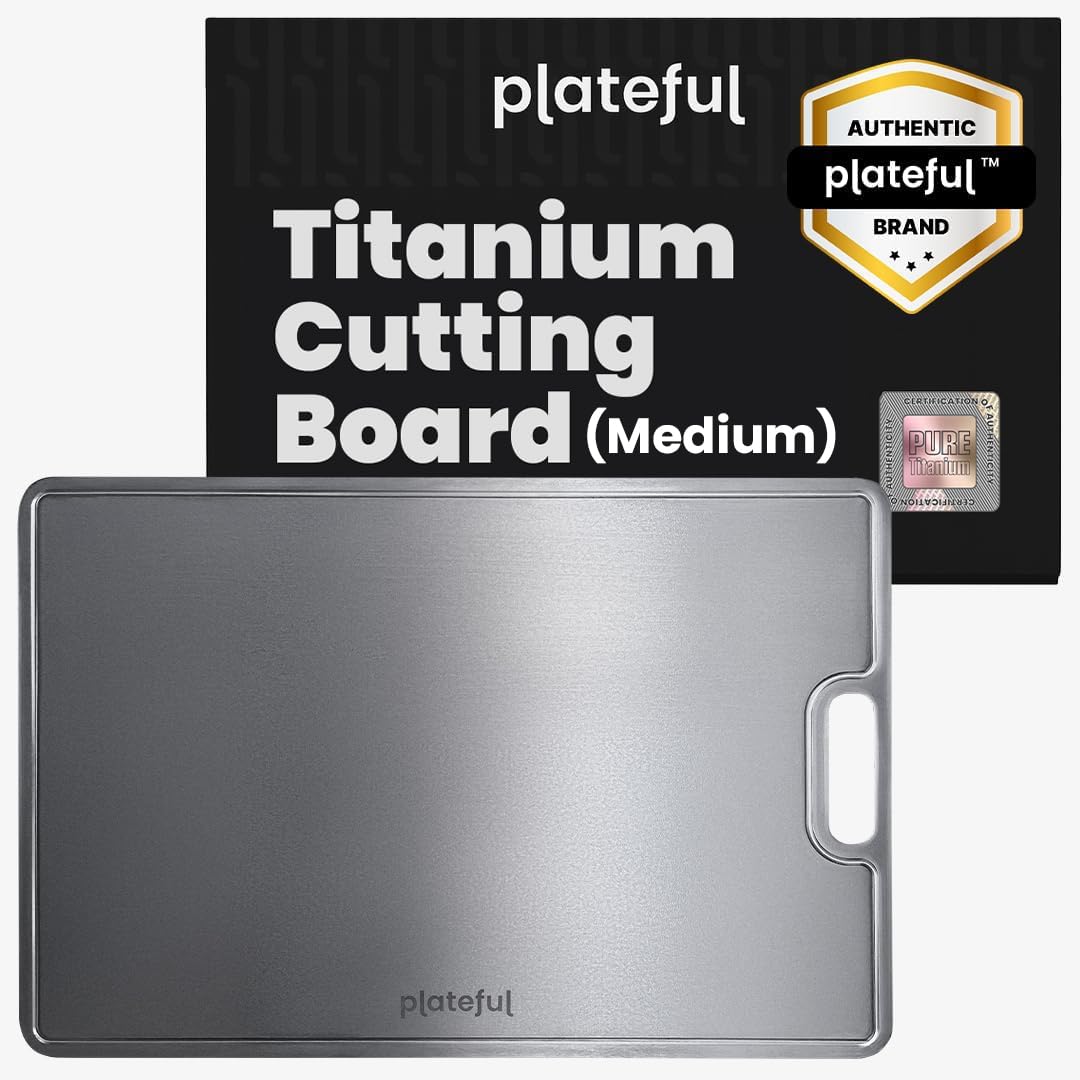 Plateful titanium cutting board surface with juice groove for toxin-free prep.