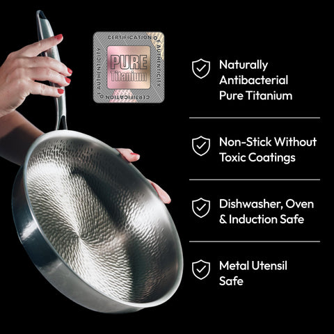 Plateful titanium pan hammered surface enhances even browning and professional results