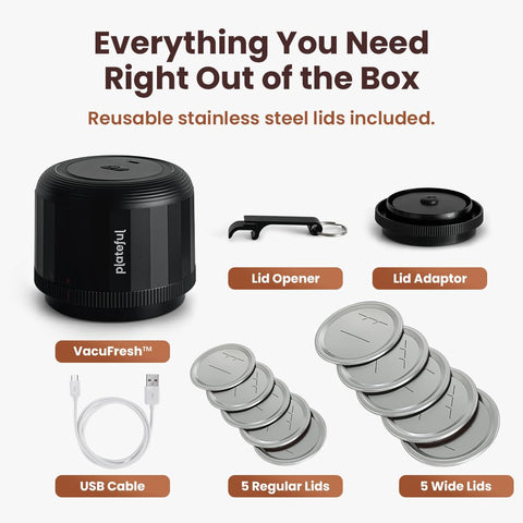 Plateful Vacuafresh accessories kit includes lids, opener, and USB charger.