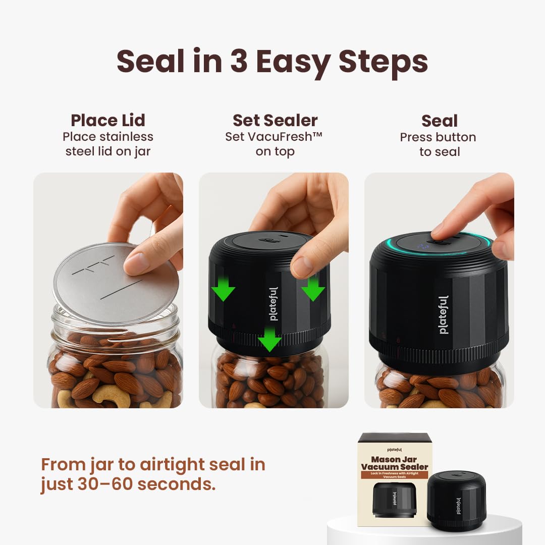 Plateful Vacuafresh lids collection shows regular and wide mouth compatibility for versatile storage.