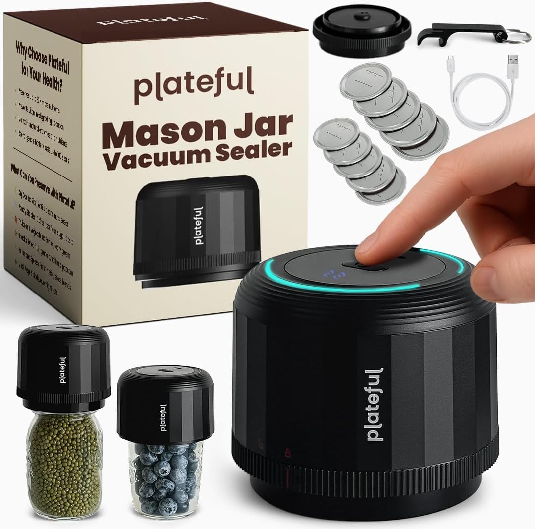 Plateful Vacuafresh sealer front view highlights compact design for quick jar sealing.