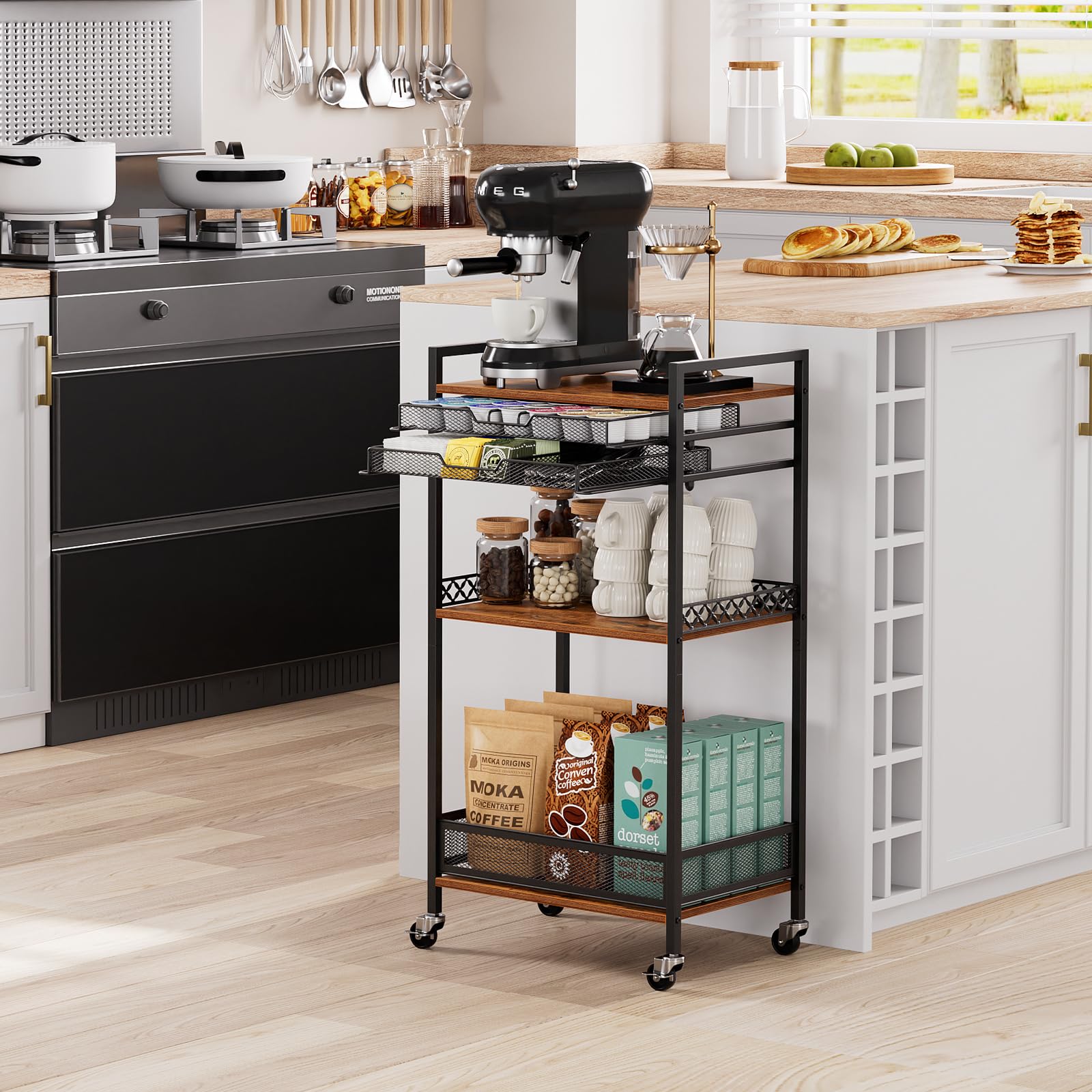 Plaviya five-tier storage design keeps machine, pods, and mugs within reach