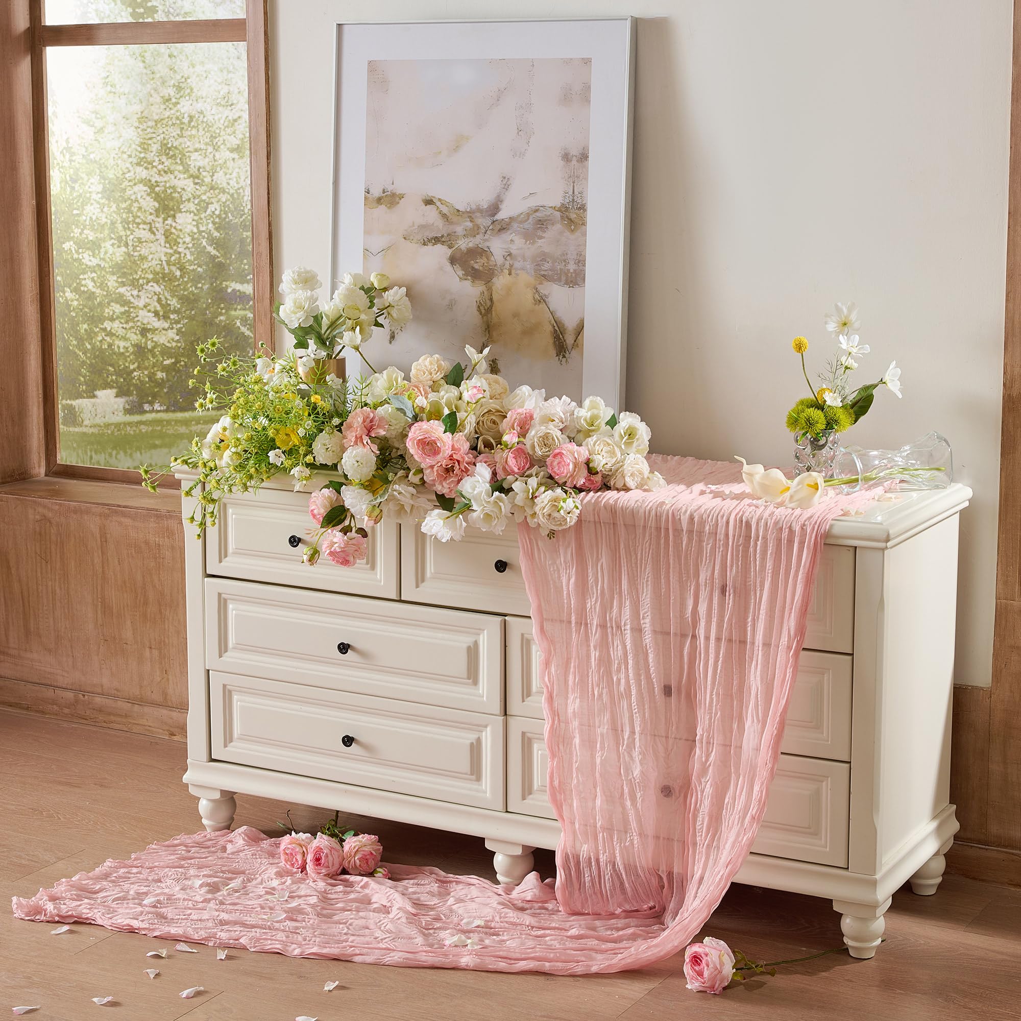 Playieer dusty-pink table runner complements farmhouse styling beautifully.