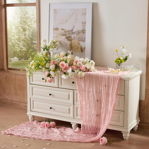 Playieer dusty-pink table runner complements farmhouse styling beautifully.