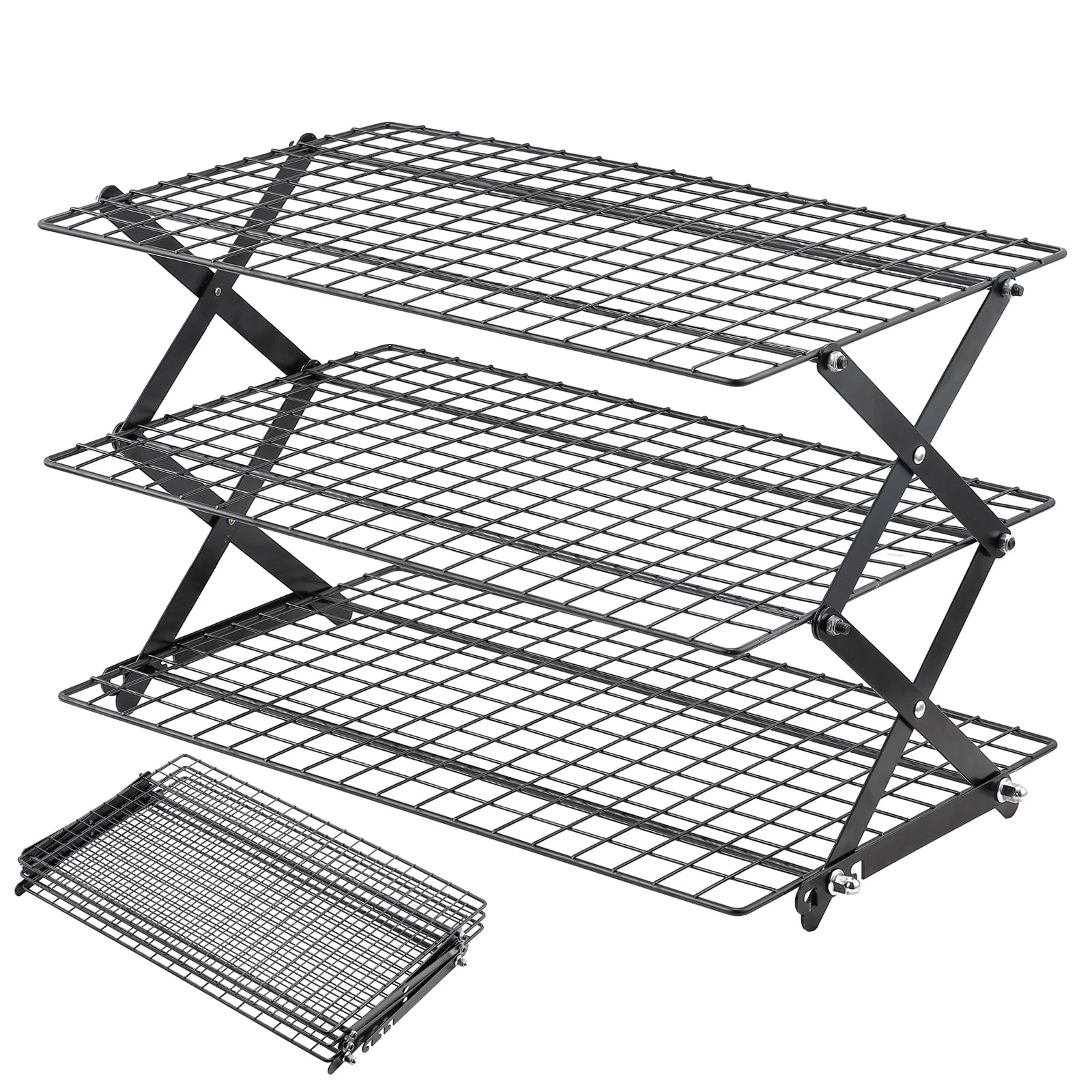 Pleafind 3-tier collapsible cooling rack folded for compact storage, saving kitchen space.