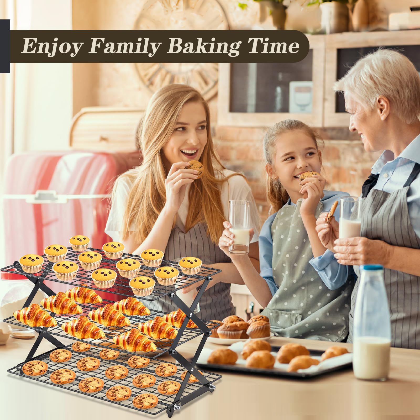 Pleafind 3-tier cooling rack fully assembled on pans, delivering stable airflow for even cooling.