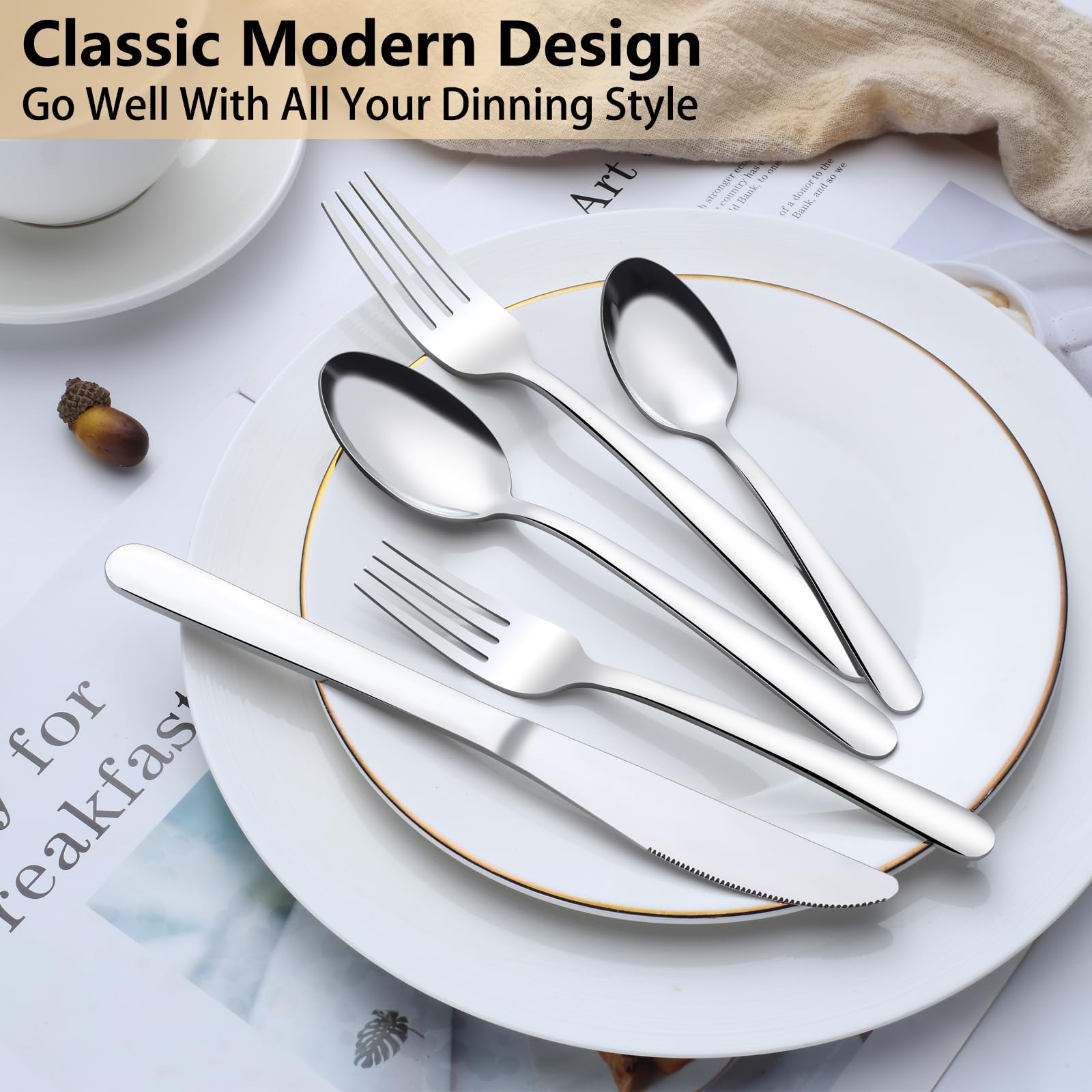 Pleafind 60 piece silverware set 12 dinner knives sturdy stainless steel