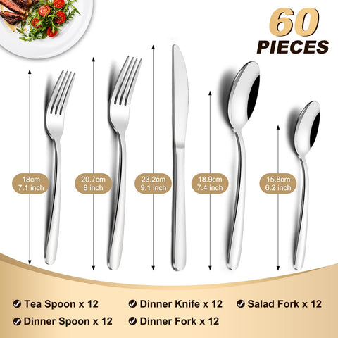 Pleafind 60 piece silverware set 12 teaspoons for tea time and gatherings
