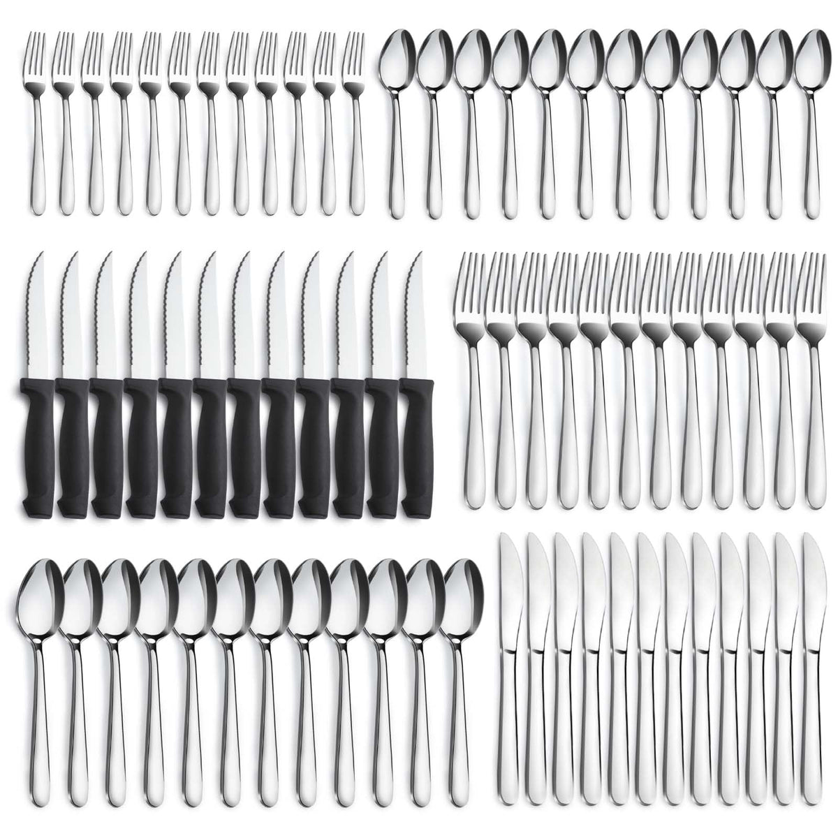 Pleafind 72-piece flatware set laid out for a full dining table, ready for gatherings