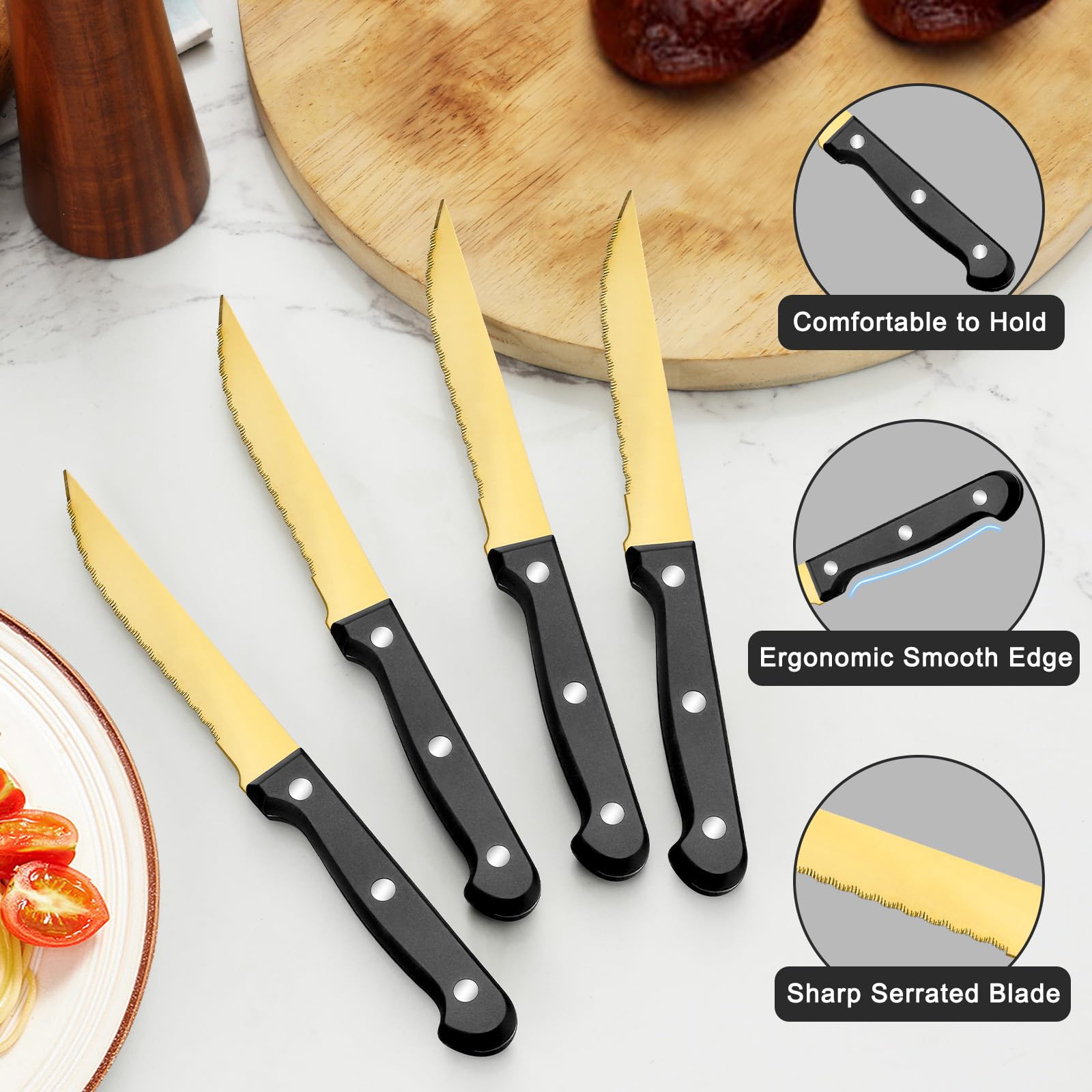 Pleafind 72-piece gold flatware set with sharp dinner knives for clean cuts