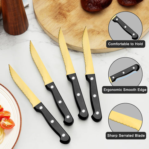 Pleafind 72-piece gold flatware set with sharp dinner knives for clean cuts