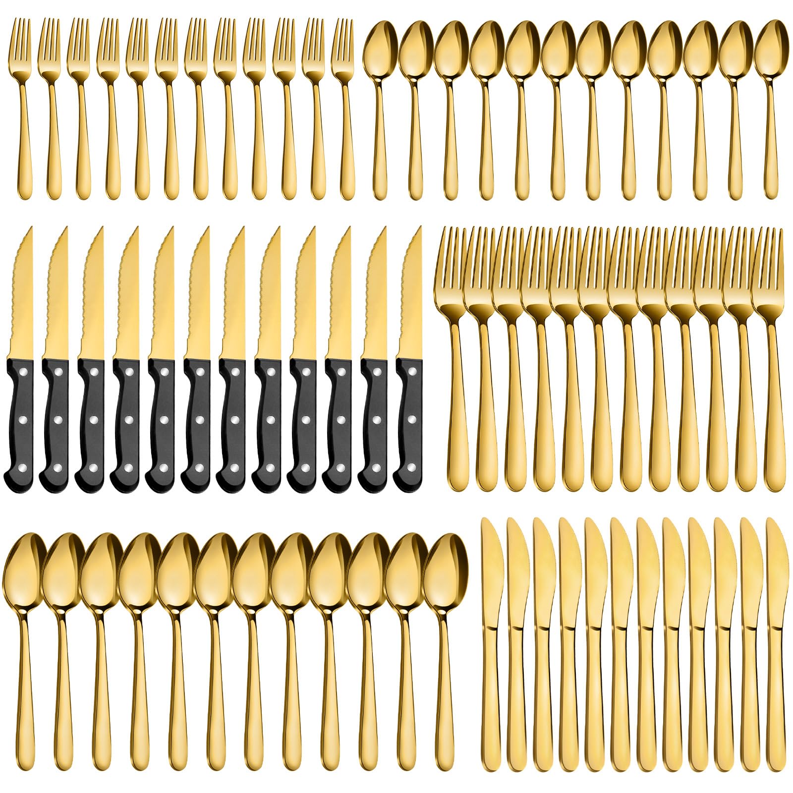 Pleafind 72-piece gold flatware set with durable dinner spoons for everyday dining