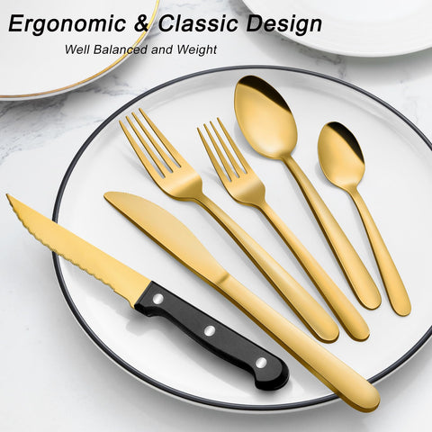 Pleafind 72-piece gold flatware set with included steak knives for tender cuts