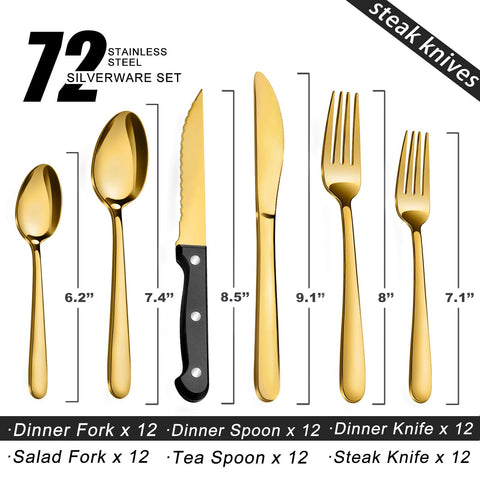 Pleafind 72-piece gold flatware set with durable teaspoons for daily coffee and tea