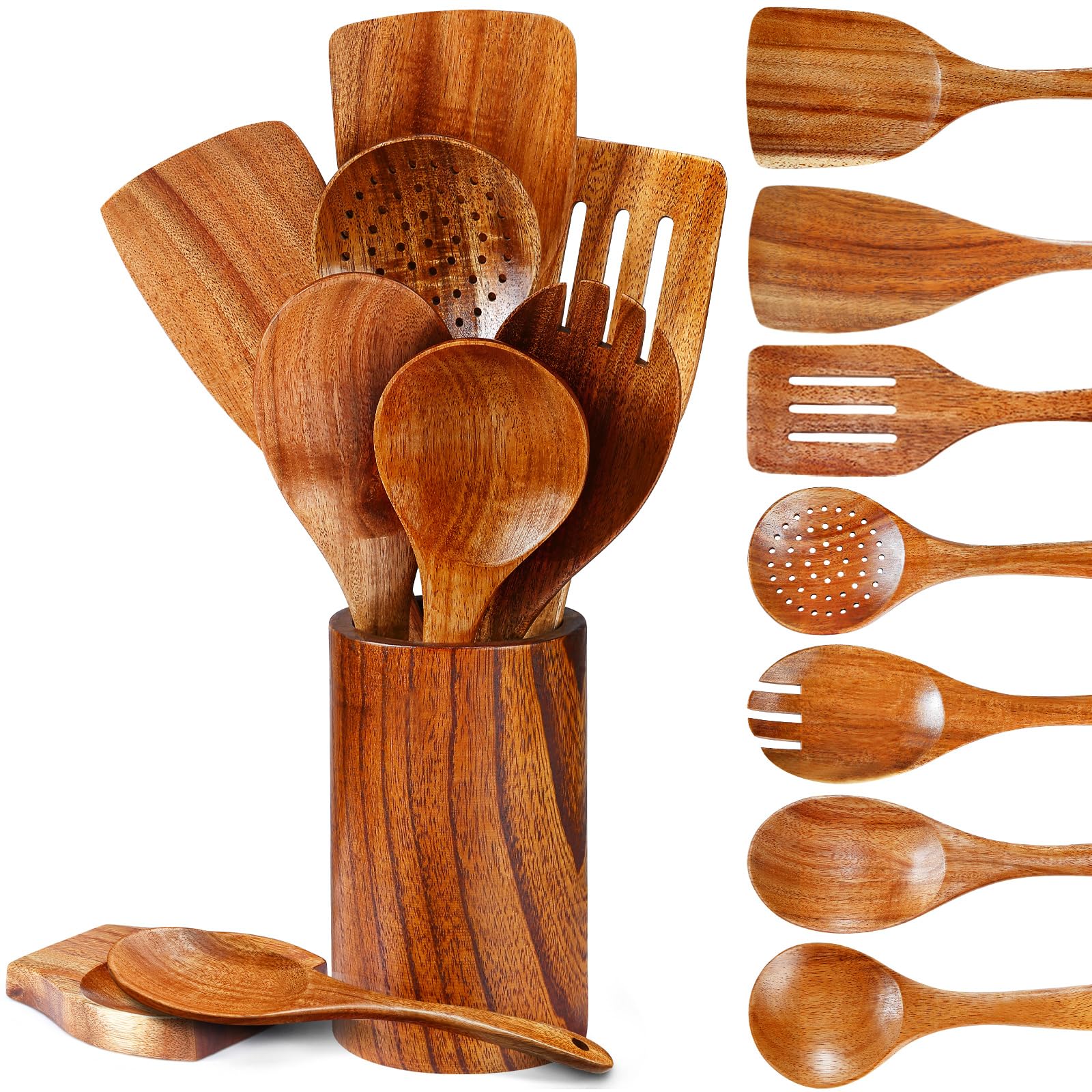 Pleafind teak utensil set 9pc with holder for organized, durable cooking.