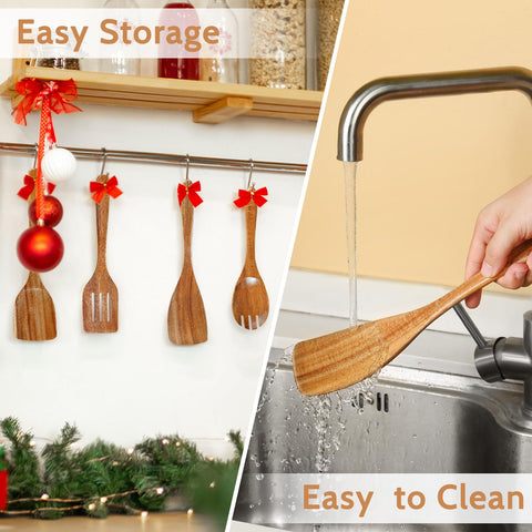 Pleafind teak utensils with soft-grip handles for comfortable cooking.