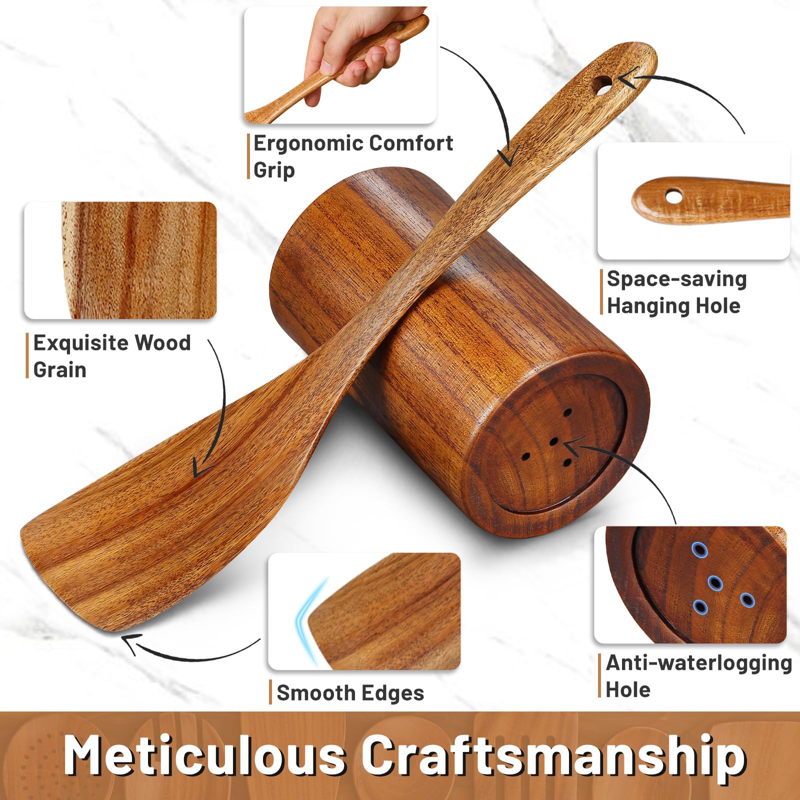 Pleafind teak utensil set wood grain handcrafted with natural finish.