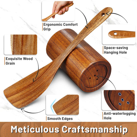 Pleafind teak utensil set wood grain handcrafted with natural finish.