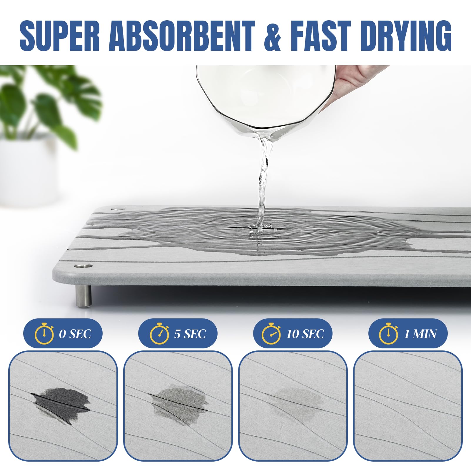 Plentio mat under dishes and bottles demonstrating rapid moisture evaporation.