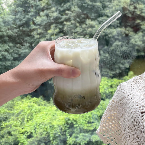 Pletmin 18oz bubble glass cup ready for hot tea or cold beverages.