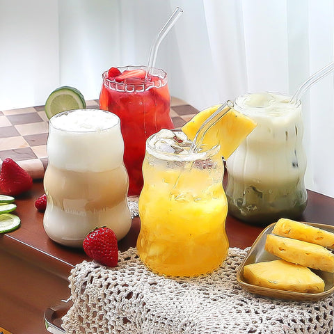 Pletmin ribbed glass cups show elegant texture, ideal for iced drinks.