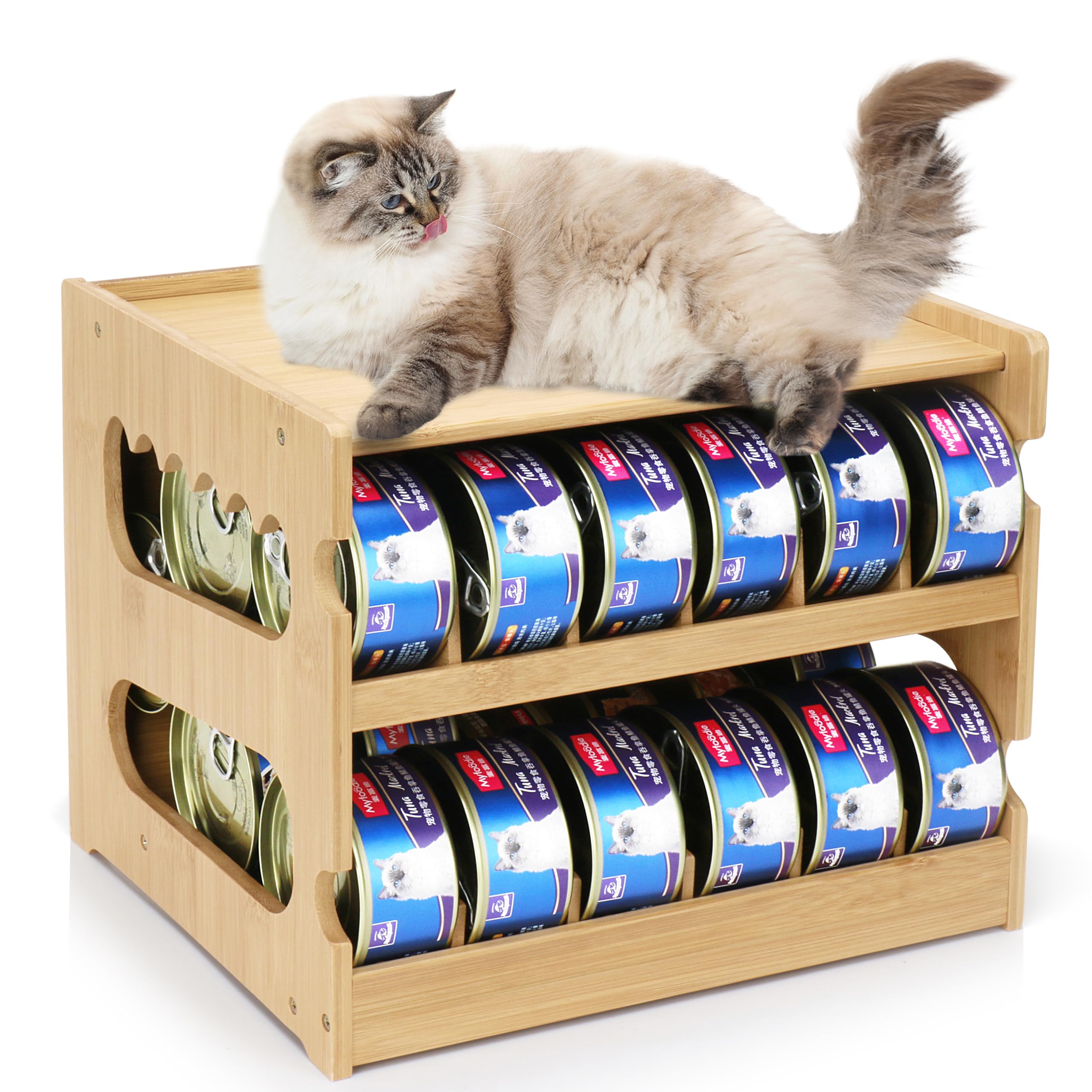 Plitttpetts bamboo can organizer two-tier on countertop for easy access.