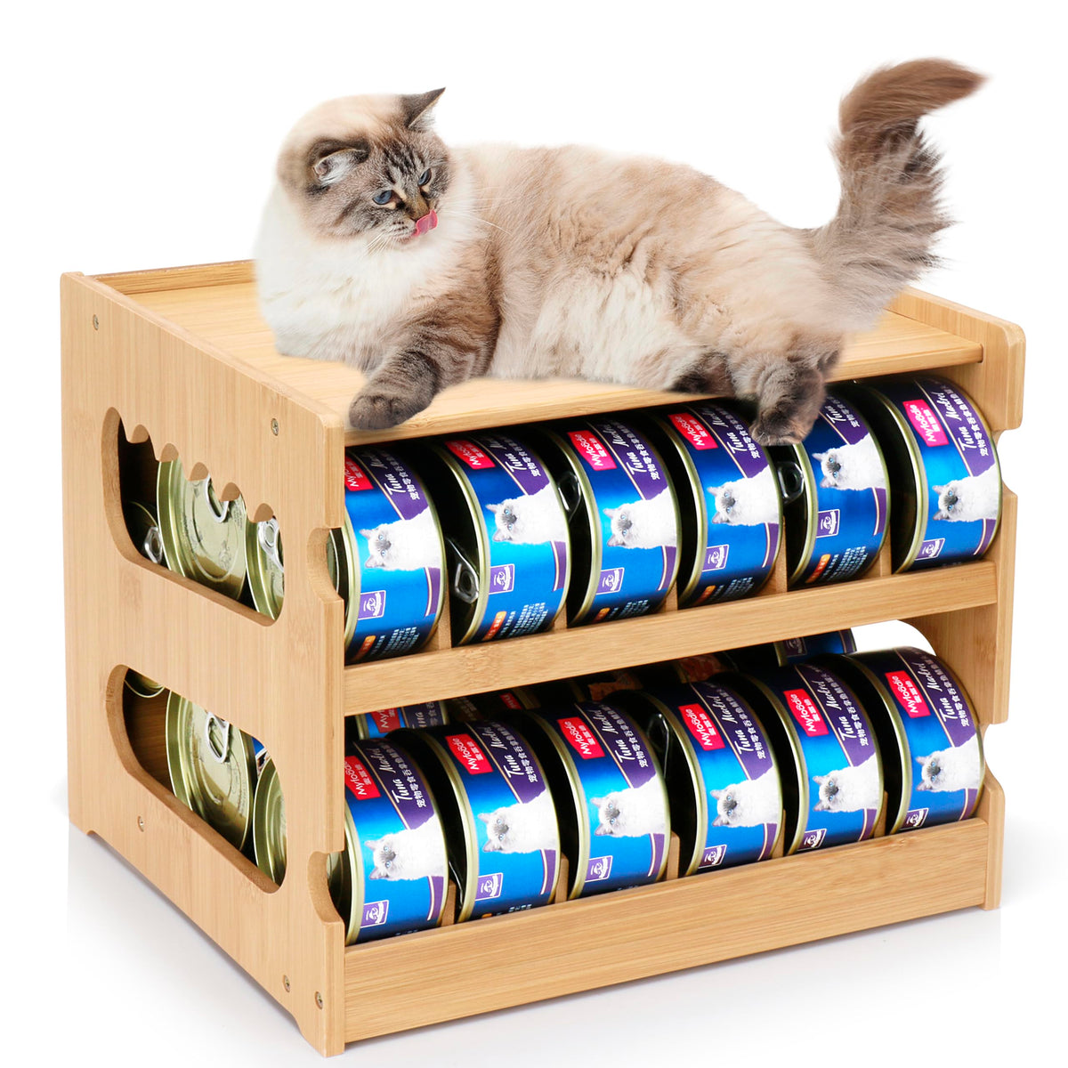 Plitttpetts bamboo can organizer two-tier on countertop for easy access.