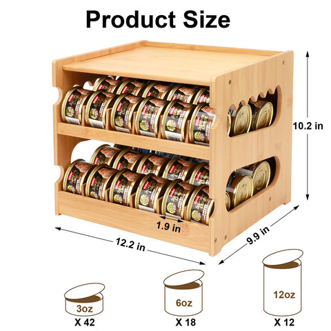 Plitttpetts bamboo can organizer on countertop keeps cans visible and reachable.