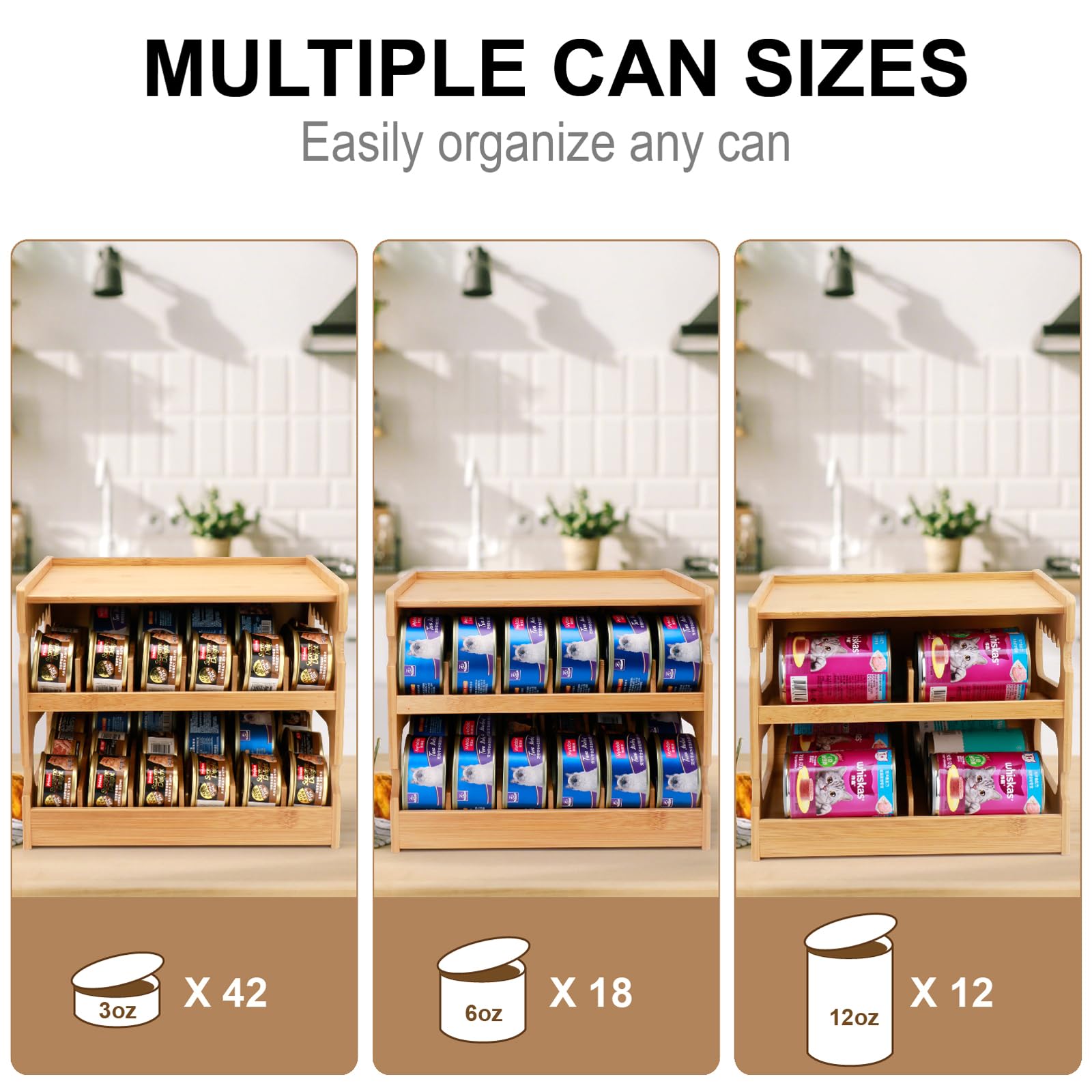 Plitttpetts bamboo can organizer curved grooves ease can grabbing.