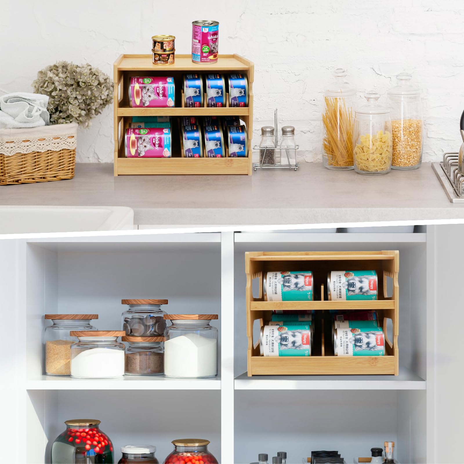 Plitttpetts bamboo can organizer handles allow easy relocation.