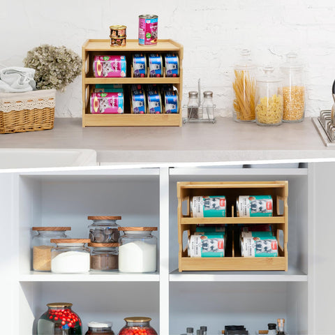 Plitttpetts bamboo can organizer handles allow easy relocation.
